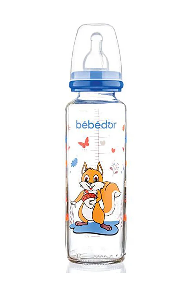 Bebedor Desenli Cam Biberon Sincap Dar Ağız 250 ml