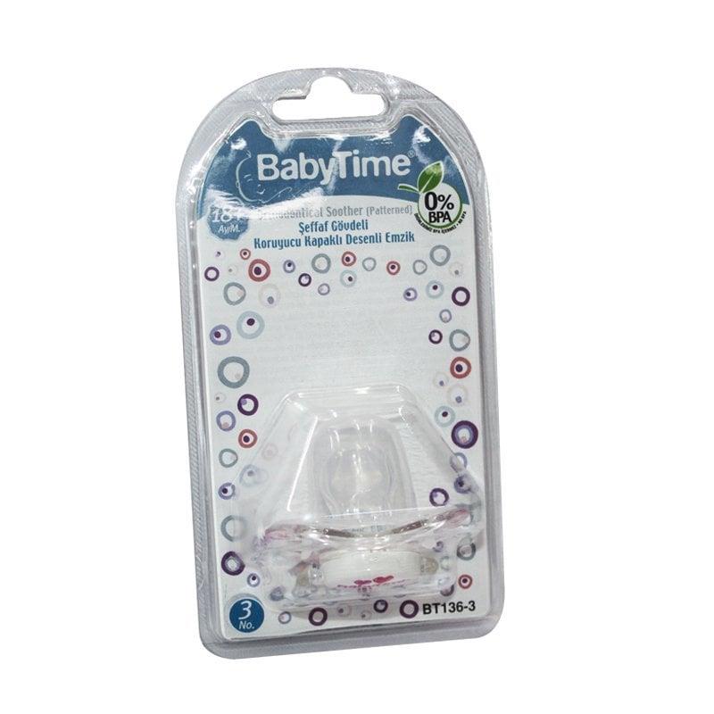 Baby Time Silikon Damaklı Şeffaf Gövdeli Desenli Emzik – BT136-3 Baby Time Silikon Damaklı Şeffaf Gövdeli Desenli Emzik – BT136-3